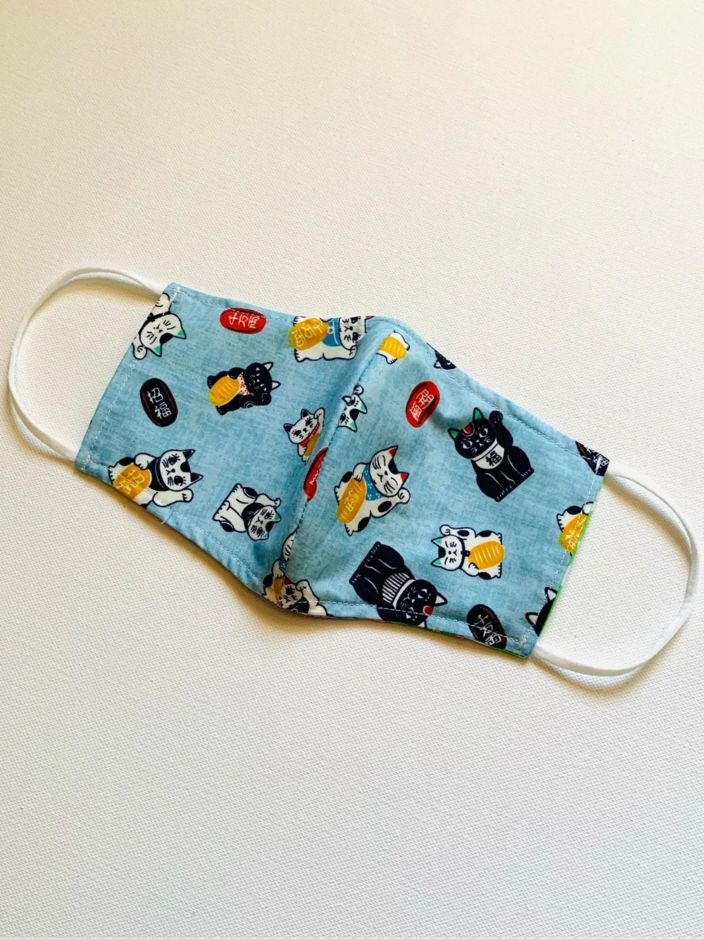 NEW Handmade Blue Lucky Cat Print Kids Cotton Face Mask